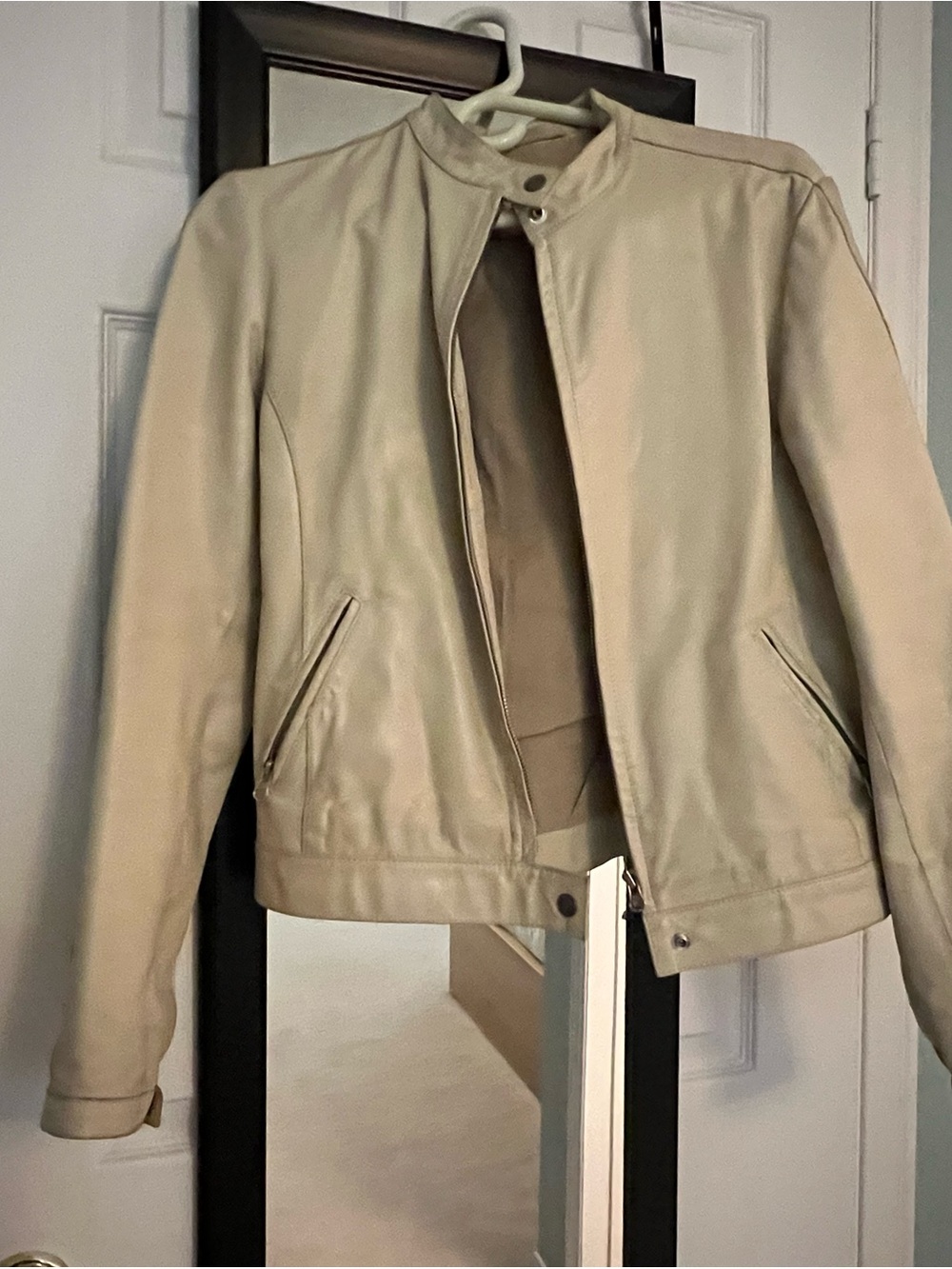 Women’s Cream Leather Zip Front Jacket